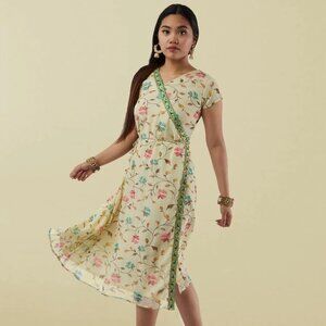 Cream Printed Chiffon Knee-Length Wrap Dress | Muvvas Boutique